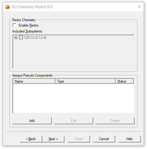 User can optionally enable redox and add any psuedo component and assays to the chemistry model